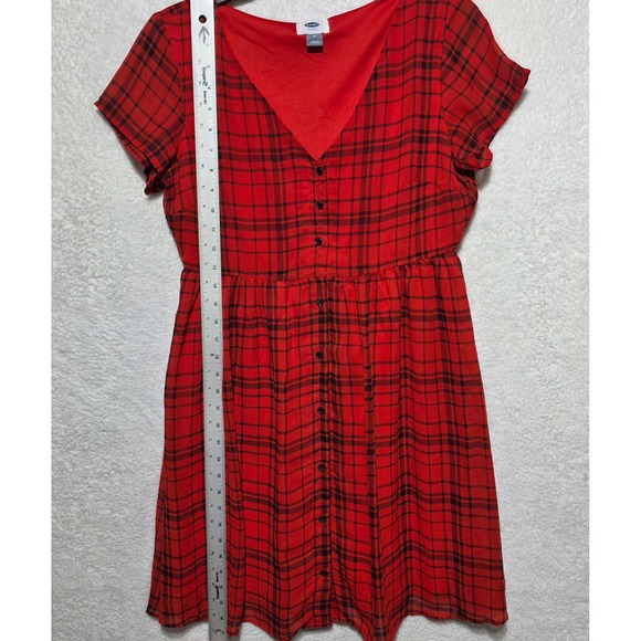 Old Navy Red Black Plaid Button Front V-Neck Short Sleeve Dress Medium M - Picture 9 of 9
